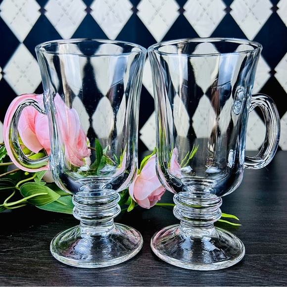 Other - Pair Pedestal Glass Coffee Mugs with Faceted Body And Handle